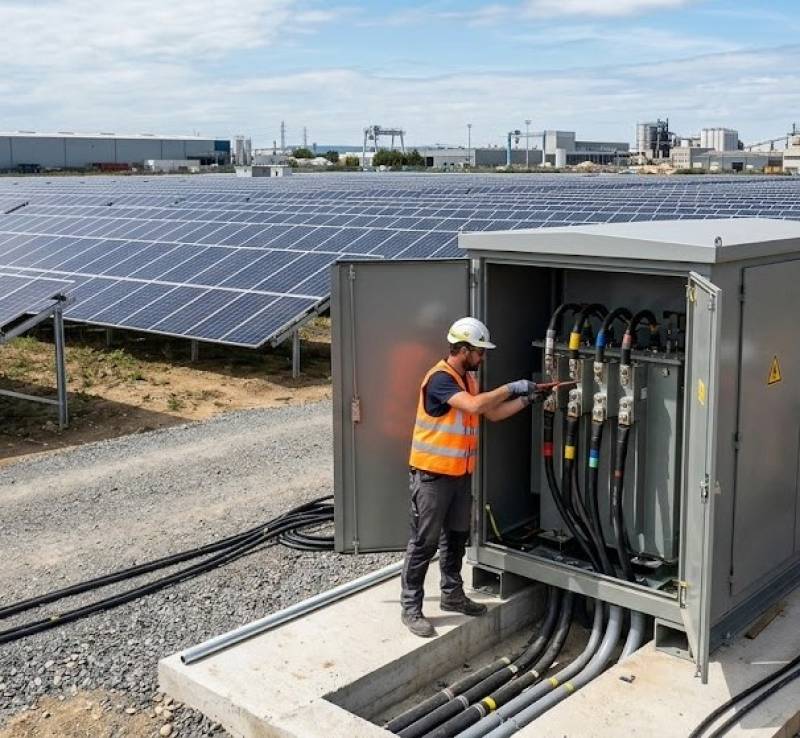 Installation de centrale solaire au sol à Colomiers à côté de Blagnac : raccordement direct sur transformateur privé du site industriel